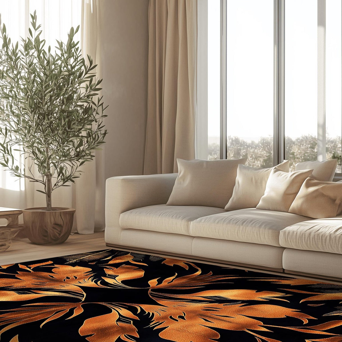 Golden Feather Radiance Rug – Bold Feather Design, Soft & Durable | Nature - Inspired Rug by districtoasis