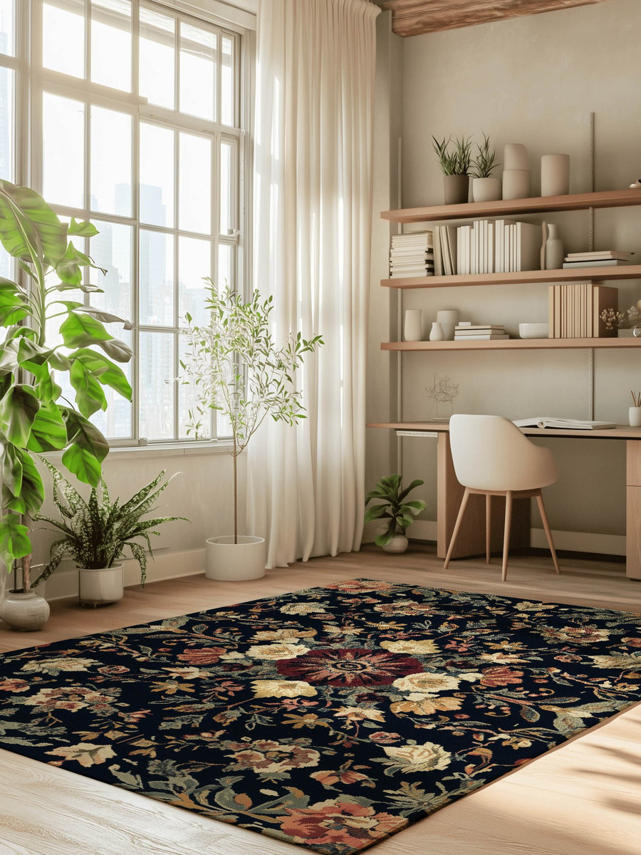 Midnight Bloom Rug – Peruvian Floral Design, Moody & Elegant | Nature - Inspired Rug by districtoasis