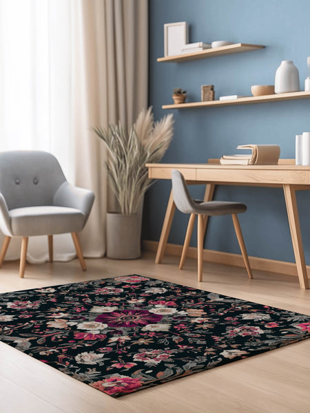 Midnight Bloom Rug – Peruvian Floral Design, Moody & Elegant | Nature - Inspired Rug by districtoasis