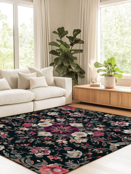 Midnight Bloom Rug – Peruvian Floral Design, Moody & Elegant | Nature - Inspired Rug by districtoasis