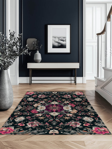 Midnight Bloom Rug – Peruvian Floral Design, Moody & Elegant | Nature - Inspired Rug by districtoasis