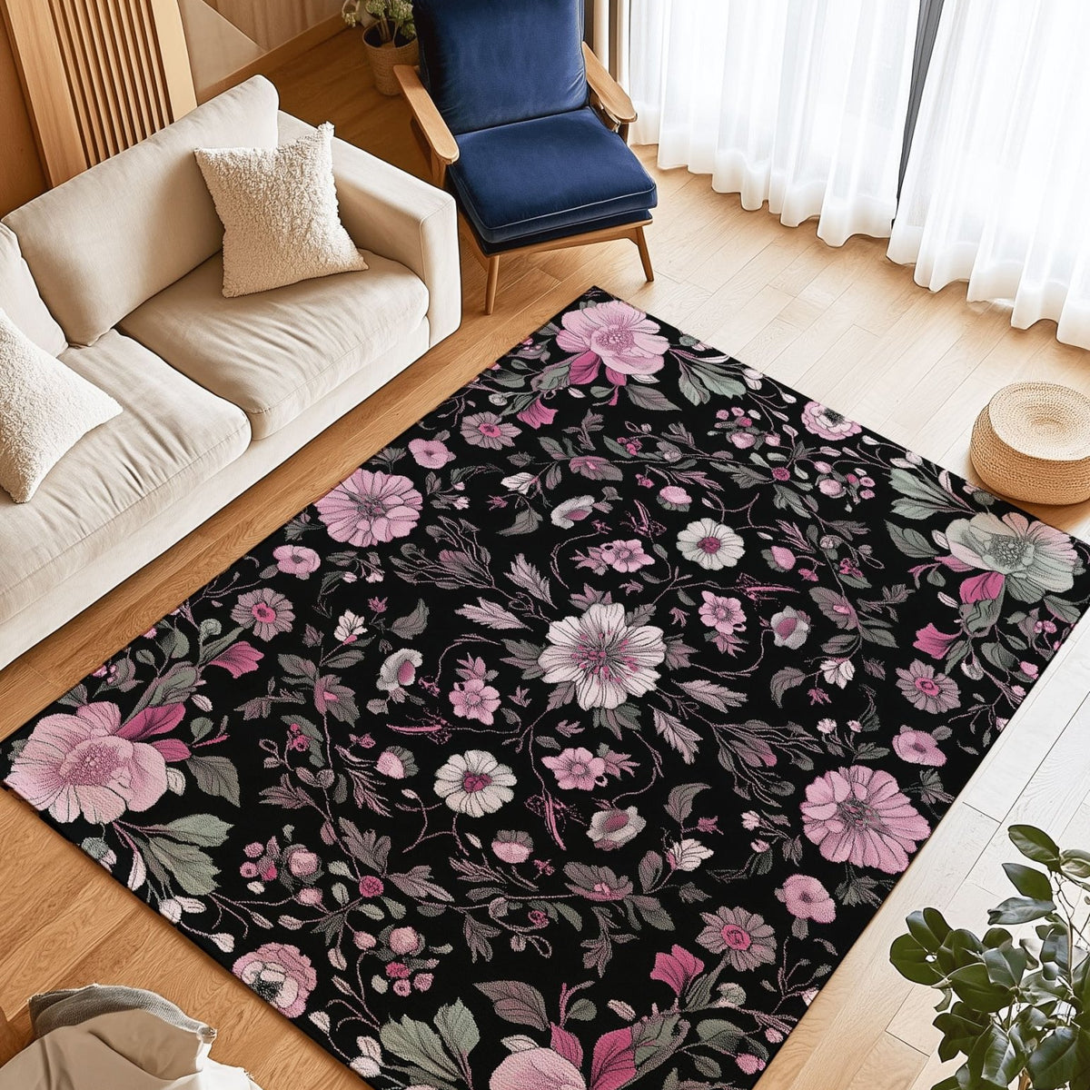 Moonlit Cherry Blossom Rug – Japanese Floral Elegance, Soft & Serene | Nature - Inspired Rug by districtoasis