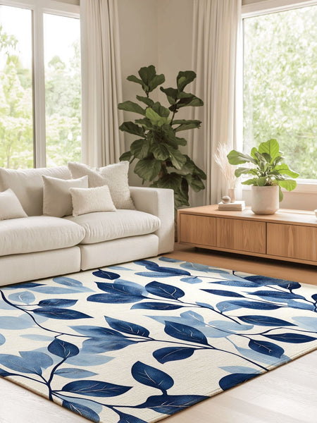 Serenity Blue Leaf Rug – Botanical Elegance, Soft & Calming | Nature - Inspired Rug by districtoasis